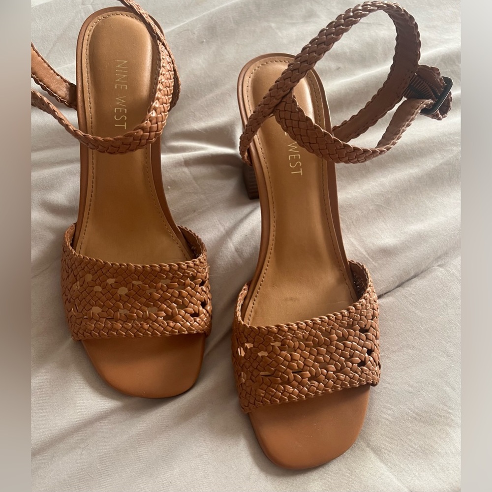 Caramel brown woven kitten heeled Nine West sandals